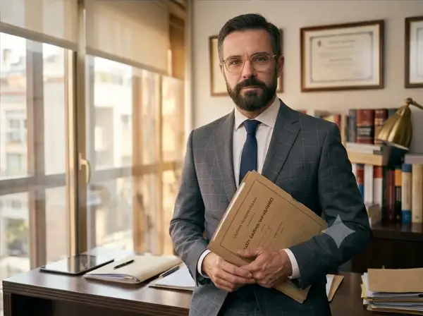 Abogado comercial revisando contratos y documentos de una empresa