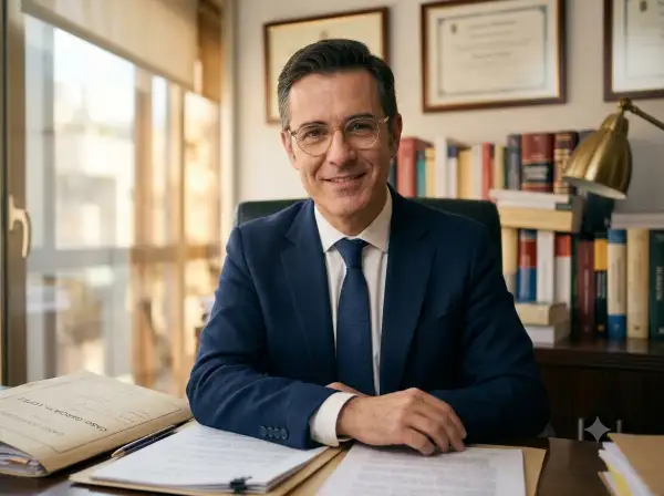 Abogado en su estudio extendiendo la mano para ofrecer ayuda legal