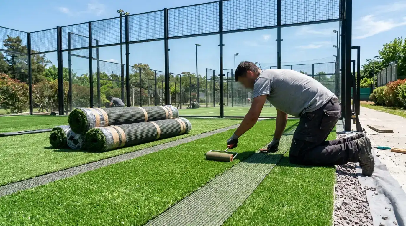 Instalación profesional de césped sintético en cancha de pádel
