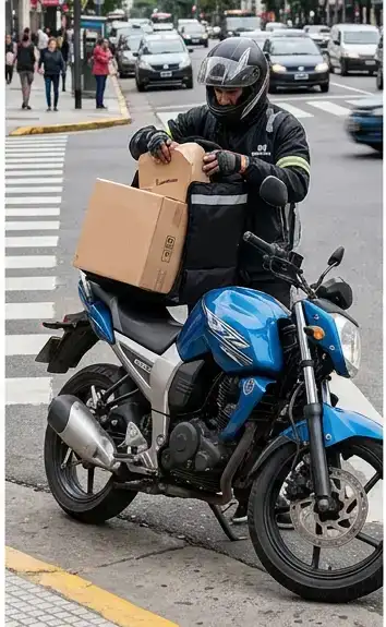 Mensajería exprés - motociclista realizando entrega en domicilio en Capital Federal