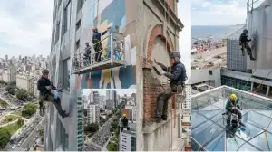 Albañil realizando reparaciones en altura